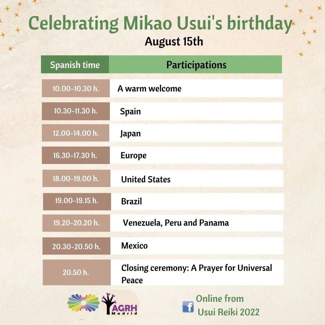 Gracias a todos aquellos que nos vais a acompañar en esta gran celebración.Celebraremos a lo largo de todo el día, acompañados de practicantes y maestros de Reiki de todo el planeta.🌍Leeremos los poemas del Emperador Meiji y oraremos juntos la Oración por la paz universal.Te dejamos los horarios orientativos, para que nos veas y celebres con nosotros en el horario que mejor te convenga. Tenemos mucho que agradecer en ese día, gracias a Mikao Usui y su gran legado, el Usui Reiki Ryoho.Horarios desde Venezuela:️ 04:00 am a 04:30 am Bienvenida️ 04:30 am a 05:30 am España️ 06:00 am a 08:30 am Japón️ 10:30 am a 11:30 am Europa️ 12:00 m a 01:00 pm Estados Unidos️ 01:00 pm a 01:15 pm Brazil️ 01:20 pm a 02:20 pm Venezuela, Perú y Panamá️ 02:30 pm a 02:50 pm Mexico️ 02:50 pm a 03:00 pm Ceremonia de CierreDonde: En Facebook, BUsca a la hora que te convenga: Usui Reiki 2022 y en ese canal se estará transmitiendo para el mundo.Los esperamos el LUNES 15 de Agosto.Repost from @gendaireikihomadrid#mikaousui #usuisensei #reikipractitioners #reikimaster #reikihealing #reiki #alllove #crecimientopersonal #celebrando #practicantesdereiki#maestrosdereiki #montekurama