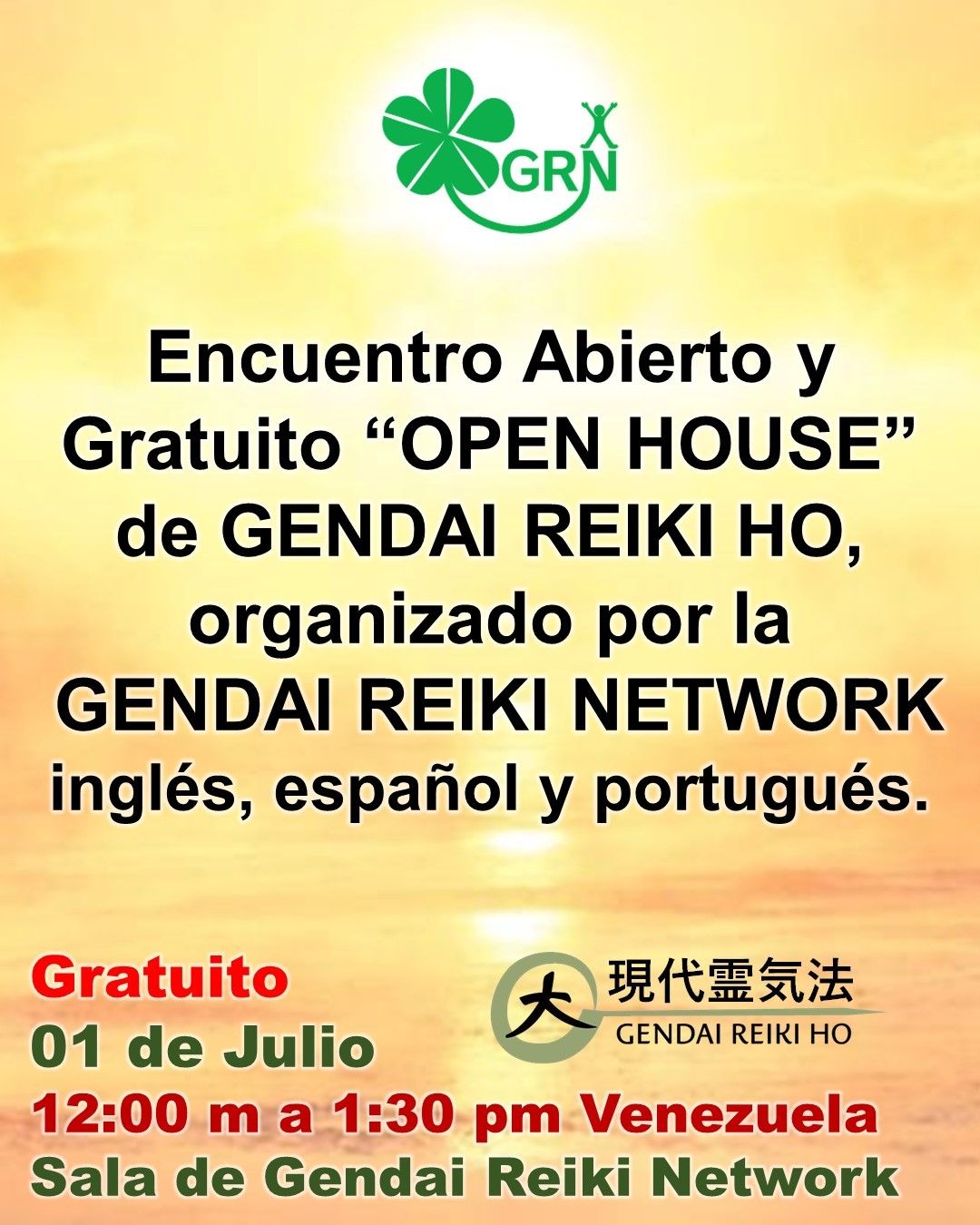 Compañeros de viaje, con mucha alegría y emoción comparto con ustedes que el próximo Sábado 01 de JULIO, (12:00 m HORA VENEZUELA), se realizará un encuentro de Gendai Reiki Network  abierto, OPEN HOUSE a todos los practicantes de Gendai Reiki Ho, en idioma Inglés, Español y Portugués.Es abierto a todos los practicantes de Gendai Reiki Ho, no solo a los socios de GRN, y puedes invitar a tus alumnos, amigos, familiares, compañeros, etc. Será espectacular practicar con muchos practicantes de todo el mundo y disfrutar de esa energía elevada. Bienvenidos todos los que deseen participar.Los detalles del Encuentro Abierto y GratuitoPuedes pasar libremente este enlace a cualquier practicante de Gendai Reiki Ho. Incluso puedes poner en tus redes sociales. Organizador: GENDAI REIKI NETWORKFecha: sábado 1 de julioHora：09:00-10:30 US PDT/MST10:00-11:30 US MDT, México11:00-12:30 US CDT, Panamá, Peru12:00-13:30 US EDT, Toronto, Chile,  Miami, VENEZUELA13:00-14:30 Sao Paulo, Buenos Aires18:00-19:30 Spain, France, Germany, ItalyPrograma: 1. Circulo de reiki2. Chakra Kassei Kokyu Ho (Técnica respiratoria para reactivar los chakras) 3. Ducha de reiki4. Autotratamiento 5. Oración por la paz universal Enlace de Acceso:https://us02web.zoom.us/j/87997119545Meeting ID: 879 9711 9545Contraseña : 123456Plataforma: ZoomSolo pedimos a todos los participantes que pongan la cámara activada, y poner el NOMBRE Y PAÍS.Será una oportunidad maravillosa de compartir directamente con los miembros de la Gendai Reiki Network y otros compañeros a nivel internacional.Por supuesto yo estare presente y Casa Reiki y Salud, abrirá sus puertas en Maracaibo, para aquellos practicante de Gendai Reiki Ho, que no tengan acceso a internet.Bienvenidos todos a esta fiesta de Gendai Reiki Ho a nivel InternacionalNos vemos el próximo 1 de JulioGendai Reiki Network InternationalEmail: espanol@gendaireiki.networkWeb: www.gendaireikinetwork.netGracias gracias gracias, un gran abrazo de luz, Gassho, @dinopierini@reikisalud #reikivenezuela #reikimaracaibo #gendaireikinetwork #koryukai