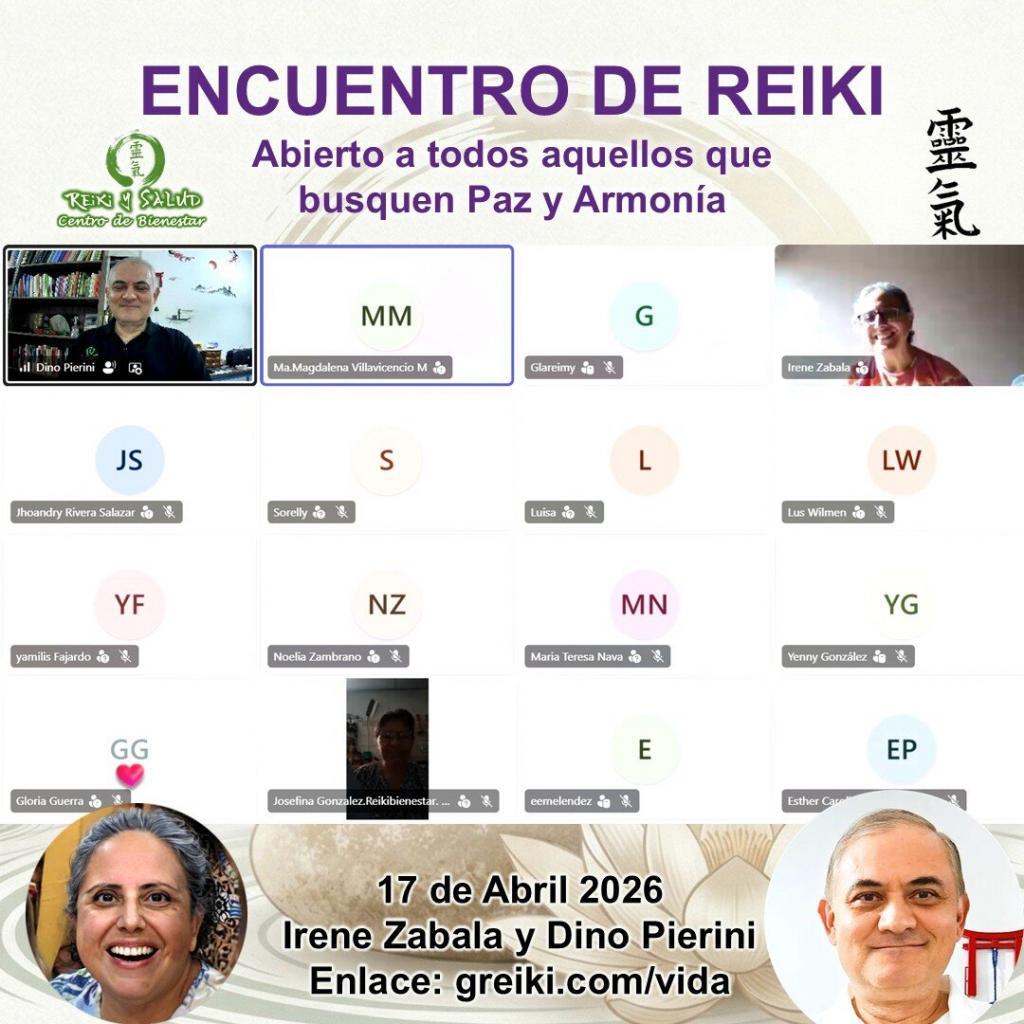 Encuentro de Reiki en Casa Reiki y Salud 18 Abril 2026 1 Encuentro de practica de REIKI en Casa Reiki y Salud, guiado por Irene Zabala y Dino Pierini